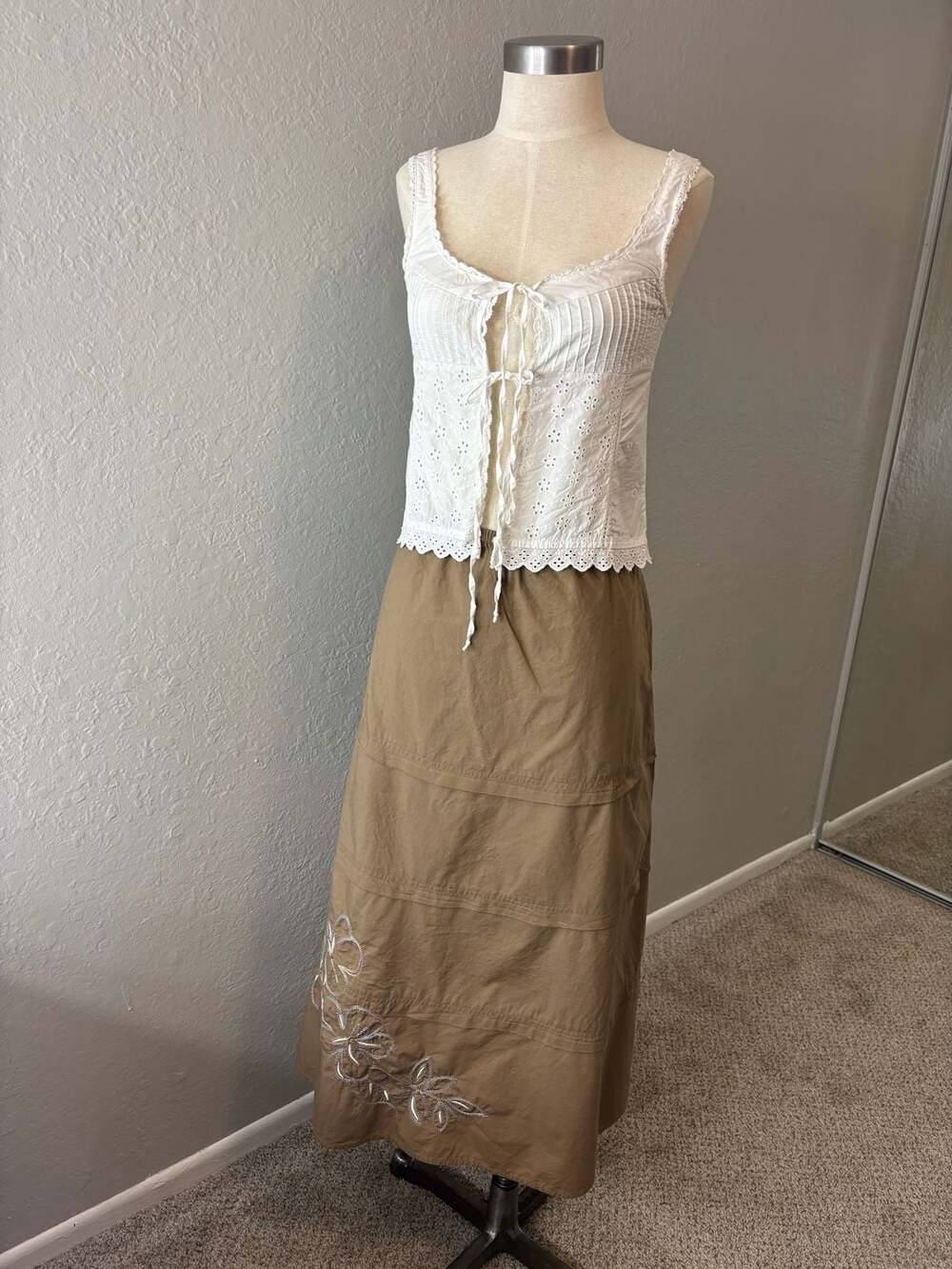 Talbots Petites Brown Tiered Embroidered Cotton Maxi Skirt Size M